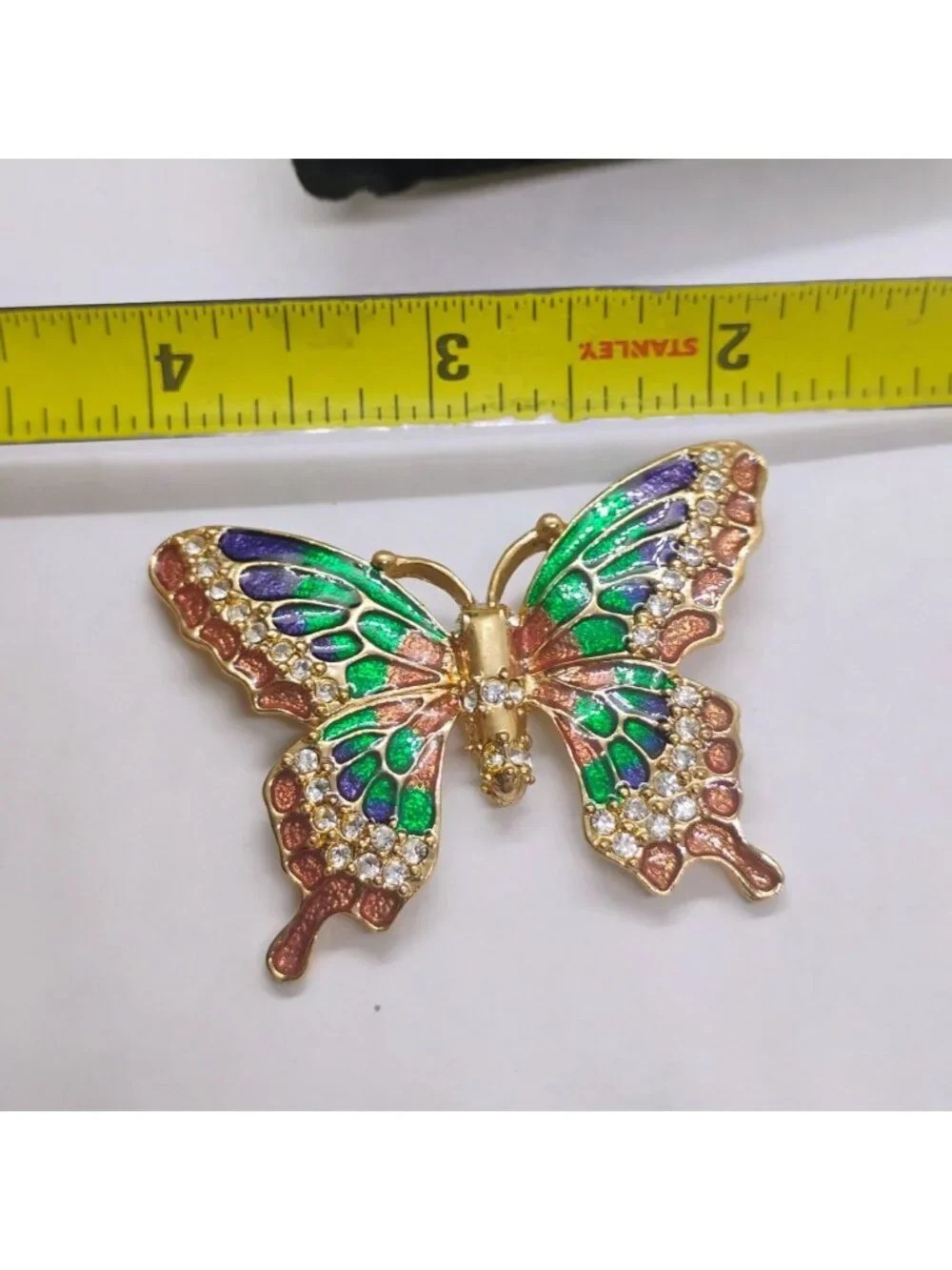 Colorful Enamel Rhinestone Butterfly Brooch Large 2" Blue Green Gold Tone - Picture 4 of 5